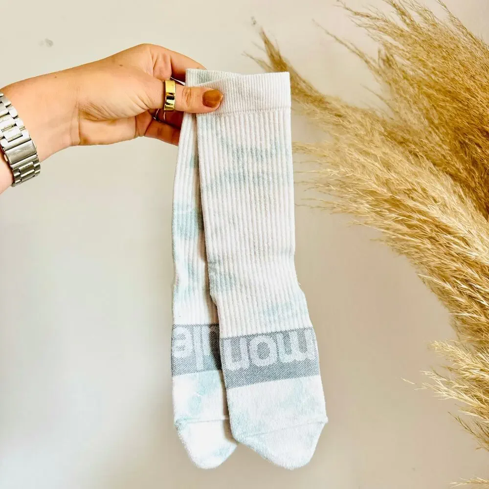 LULULEMON Blue White Grey Logo Tie Dye Cotton Yarn Crew Tall Tube Socks Unisex